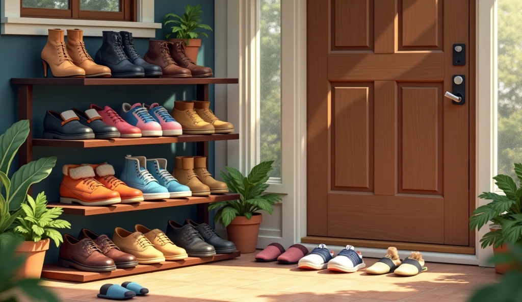 On the left of the door of the house, a shoe rack appears. Various types of men's shoes, women's shoes and children's shoes are arranged on the shelves. There were also some slippers strewn in front of the door beside the shoe rack.