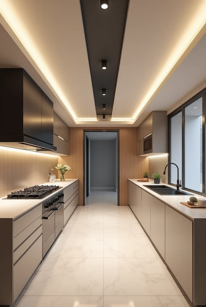 mujhe modren ceiling design chahiye h 16'*14'3" k size ki kitchen ka jissme only 2 side mtlb l shape m slab hai or samne wali slab prr  gass h 