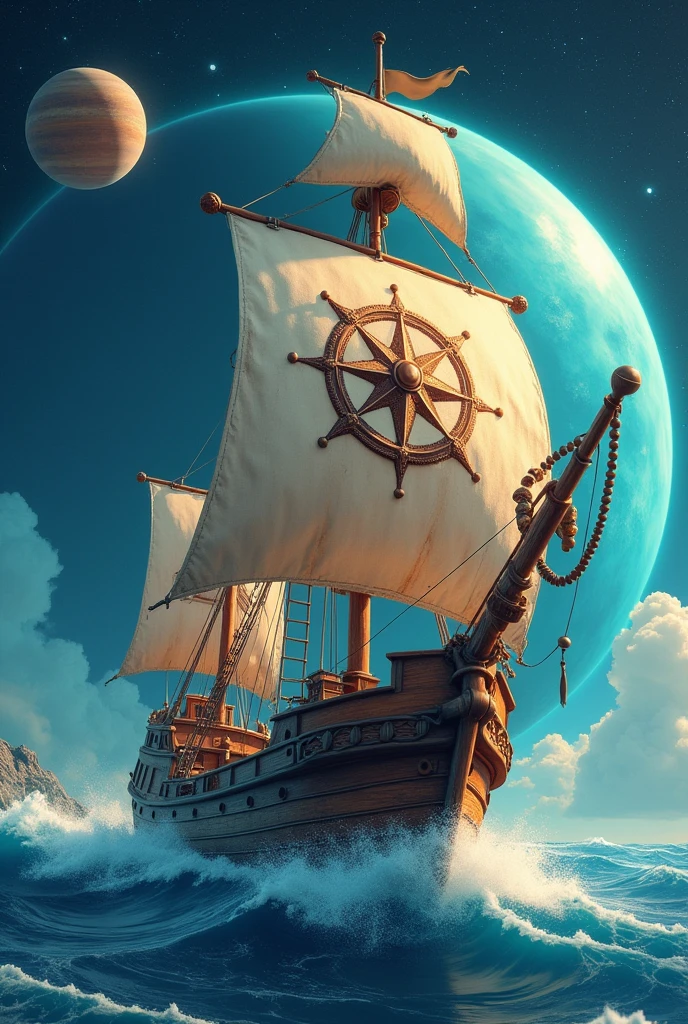 Peux-tu me faire un bateau de pirate en rapport avec le temps, le pouvoir du temps version animé Je veux qu’il y ait zero personnes dessus, je veux voir sur la voile, une planète et une boussole