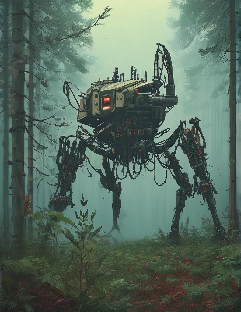 apocalyptic a robot with a large turret on its top, spider robot, in forest 