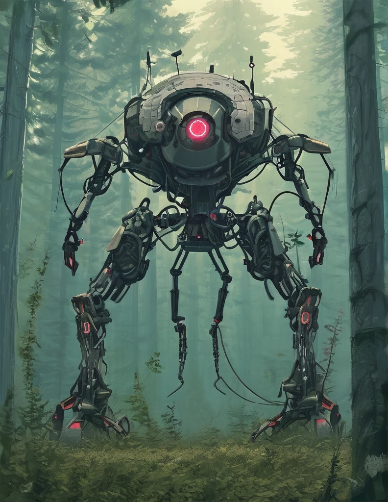 apocalyptic a robot with a large turret on its top, spider robot, in forest 