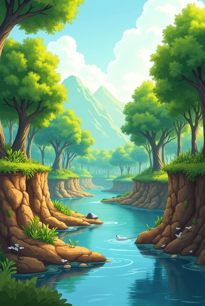 Imagine a forest next to a river:
• The river provides water for the trees (hydrosphere to biosphere).
• The trees take in carbon dioxide from the air and release oxygen (atmosphere to biosphere).
• The trees' roots hold the soil together, stopping it from washing away (biosphere to geosphere).
• When it rains (atmosphere), water flows into the river (hydrosphere), keeping the forest alive.
make it a simple drawing