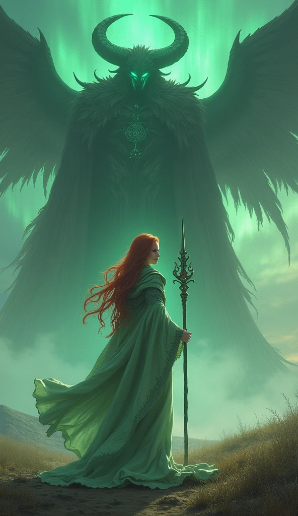 In a vast, mystical landscape, where the sky shimmers with the colors of the evening aurora, the graceful summoner Seraphina stands. Her long, flowing red hair is topped with a green hood, and her piercing green eyes are filled with determination. Her elegant robe, made of pale green cloth with magical symbols embroidered on the sleeves, billows gently in the breeze. In her hand is a staff that glows faintly with mystical energy. Seraphina summons Zodiark, the supreme embodiment of darkness, whose form is a towering, shadowy figure adorned with ancient runes. His presence alone causes the air to tremble, and with a gesture, he unleashes Dark Judgment, a cataclysmic wave of energy that obliterates all in its path.