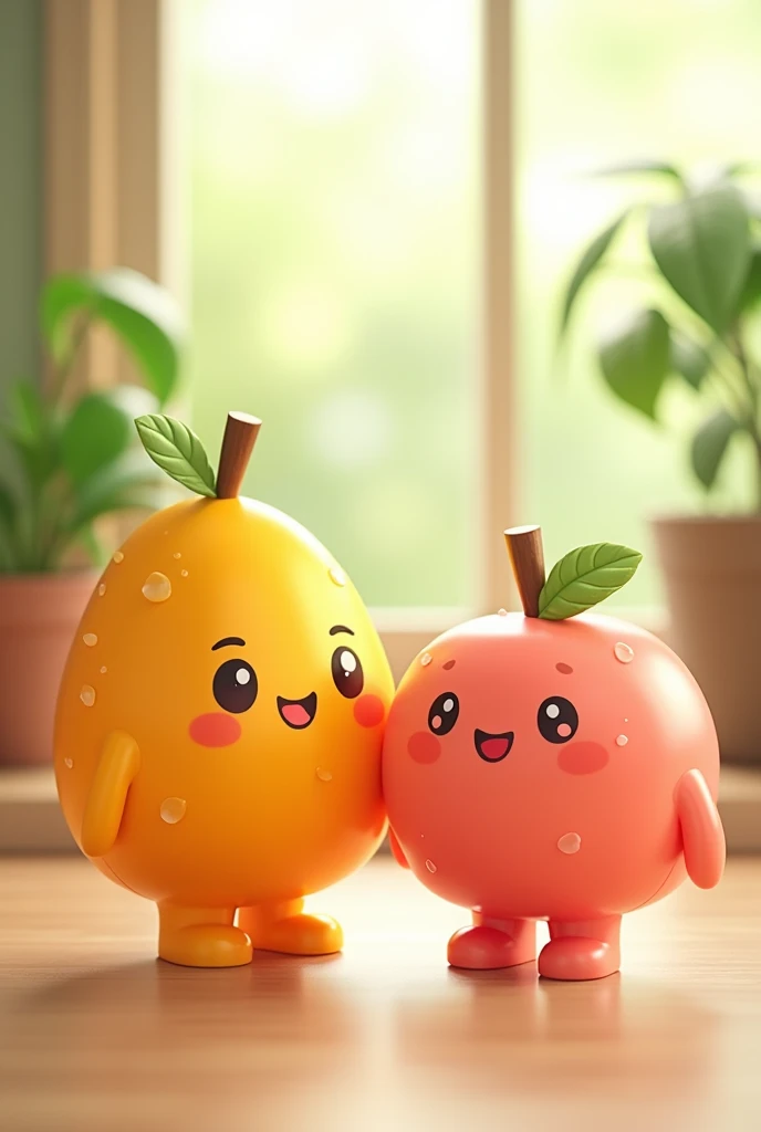 Create an image of two adorable, cartoonish fruit characters, one orange and one pink, both with cheerful smiles and tiny arms and legs. They have glossy, semi-transparent surfaces with tiny water droplets, and each has a small leaf on top. The background features a bright and airy indoor setting with green plants and soft natural light, creating a cozy atmosphere. The scene conveys a sense of happiness and friendship, with a gentle bokeh effect in the background.