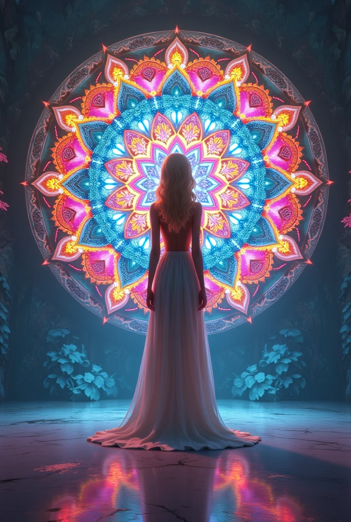 (masterpiece, Best quality), 8 K,(((very detailed))), Race:1.8,Super intricate Race pattern,colorful Race pattern,Stained glass background, transparent case, mandala,light up,Cold, 1 woman,open back,(curls,blonde),