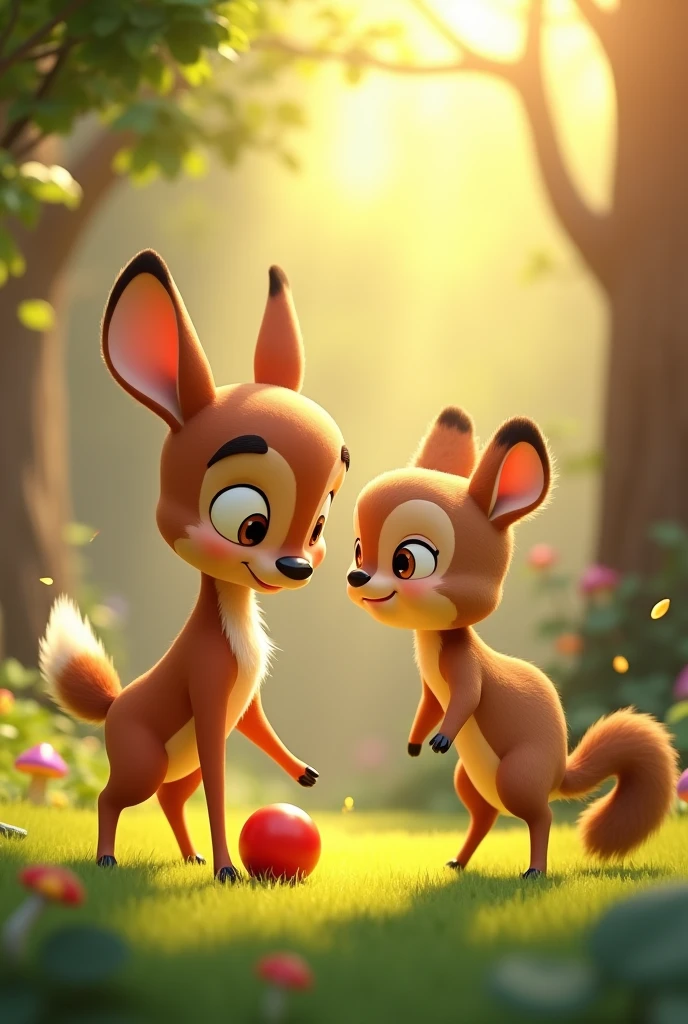 Create in 3d animation style for the kids of 3- 5 
Daisy’s Helping Gesture  
   "Daisy the Deer bending down and nudging Sammy the squirrel playfully as they both look up at the red ball. The forest is bathed in sunlight, creating a warm and friendly atmosphere around them."
