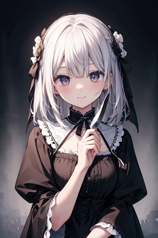 Holding a black telephone receiver、Wearing a cute dress、Smile eerily、There was a bloody knife nearby、I、Mary, I'm behind you now.