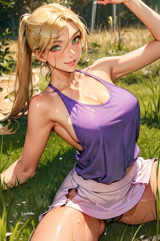 Best Picture, Masterpiece, 4K, High Quality, One Adult
Woman. The woman has blonde hair. Hair style, straight, bob,. Long slit eyes, green eyes,
Model like beauty, perfect proportions. Perfect legs. Perfect arms. Tank top, navel-baring look, tight miniskirt. Silk panties. High heels.
(A woman stands in the grass in the forest.
She has a blush on her cheeks and a mischievous smile on her face.
(The skirt is very short.)In the grass of the meadow, (((A woman is on in a grassy meadow. A large dog is on her back. A complete body. Perfect hands and legs. Beautiful body, beautiful legs. Beautiful hands. Perfect body, perfect legs. Perfect hands.
The woman's tank top is wet with sweat, and her clothes show the bulge of her large breast and her nipples are raised. Sweat is soaking through.
The woman has a blush on her cheeks and a naughty smile on her face. Focus on face
(The skirt is very short.)
In a wooded area, amidst thick vegetation, she is lying on her back with her legs spread wide apart. A large dog is covering him.
(The skirt is very short.)