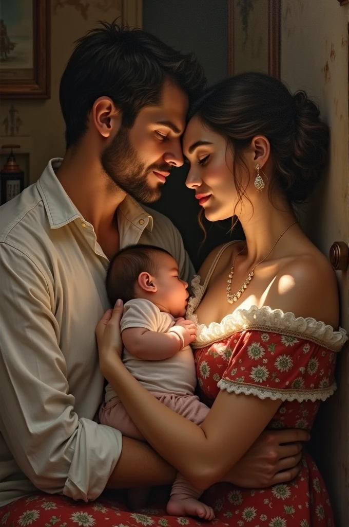beautiful Uzbek woman breastfeeds her husband