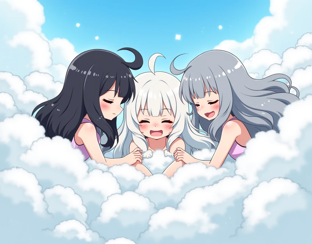 An anime-style illustration depicting three cloud-hair girls playfully wrestling with each other inside a comical fight cloud.
each girl has different  colored hair: one with black cloud-hair,another  with white cloud-hair,and one with gray cloud-hair.
their faces,hands,and feet are visible emerging from the cloud as they tussle humorously,  with the rest of their bodies completely hidden inside the cloud.
the illustration emphasizes the humorous and energetic nature of their scuffle,with a fluffy  andexaggerated fight cloud.
