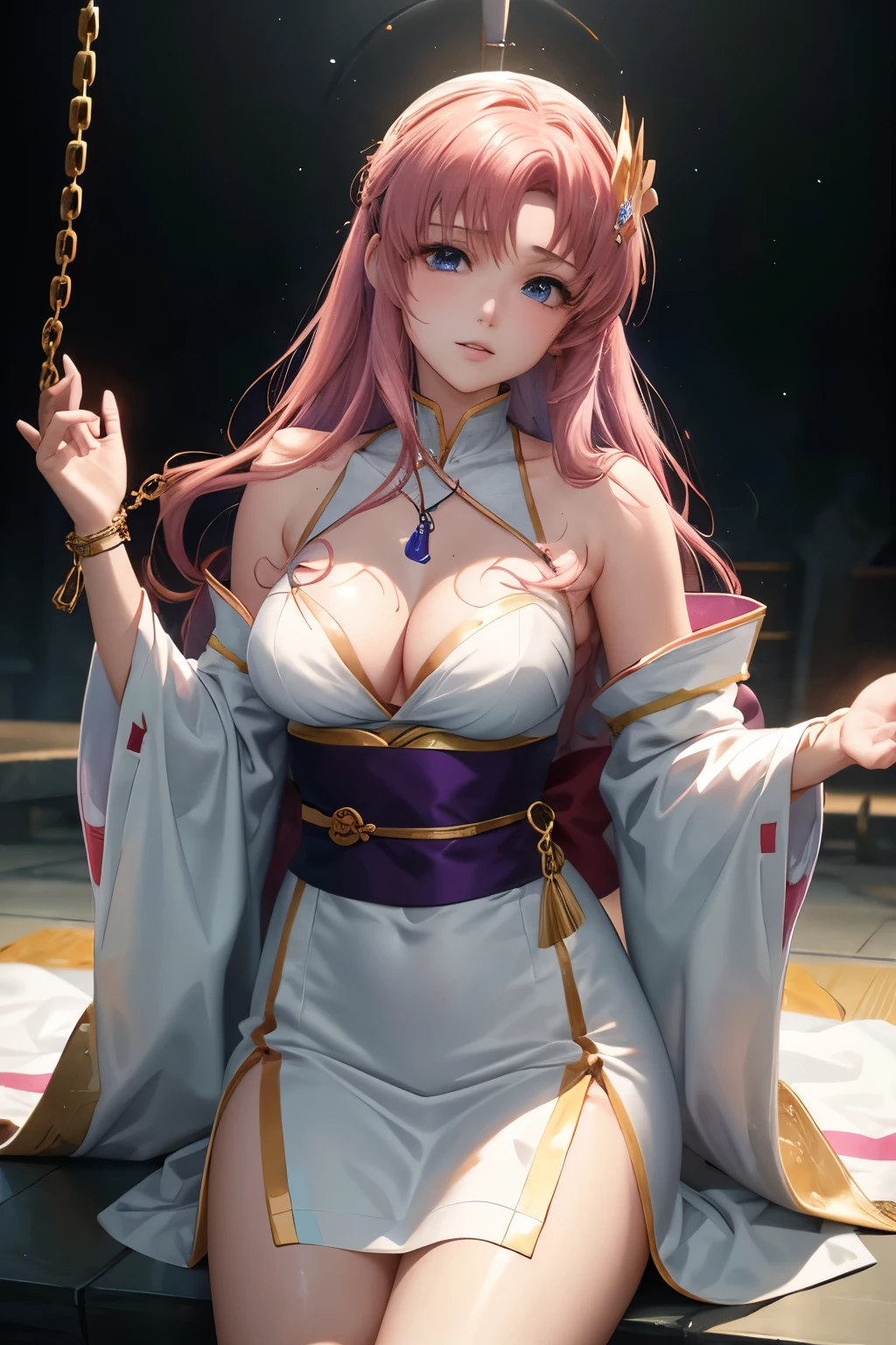 （（（Highest quality、first class、masterpiece、Normal body、8k、Detailed face、Ultra-precision、normal hand、Normal refer to、５refer to、Highest）））、Lacus Clyne、"Gundam SEED"、Purple kimono、White haori、kimono skirt、Prisoner、Constraints、Crucifixion、first round、Chain bondage、Chain makeup、Ganji with chains、His hands are raised and tied in chains、prison、Iron bars、His clothes were torn apart、blush、Feeling embarrassed