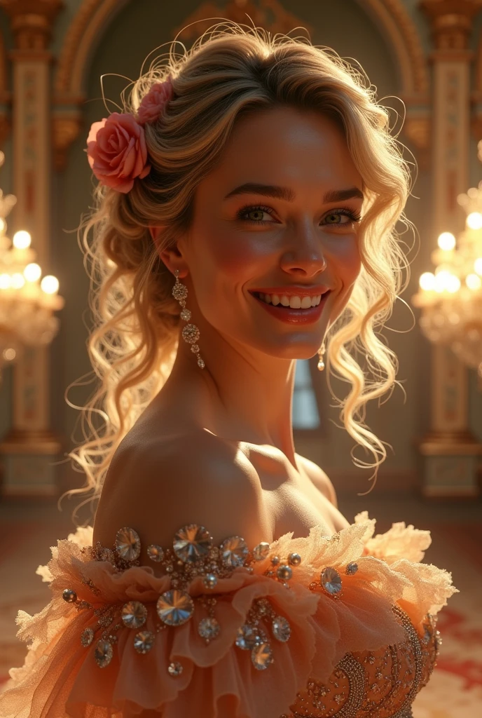 Margot Robbie,dramatic composition, court style dresses, real, marvelous, volantes em cascata, volantes, arcs, crystal chandeliers, Roman Curly Hairstyles, will put, double ponytails like drills, Look to the camera, bangss, maximalism, palace background, delicate portrait of hair and eyes, Princess Dresses, marvelous skirts, flowers in hand, smile, starry eyes, cinematic light, extreme detail, High definition, happy girl, pretty long hair, diamonds, broken diamonds, crystal fragments, light particles