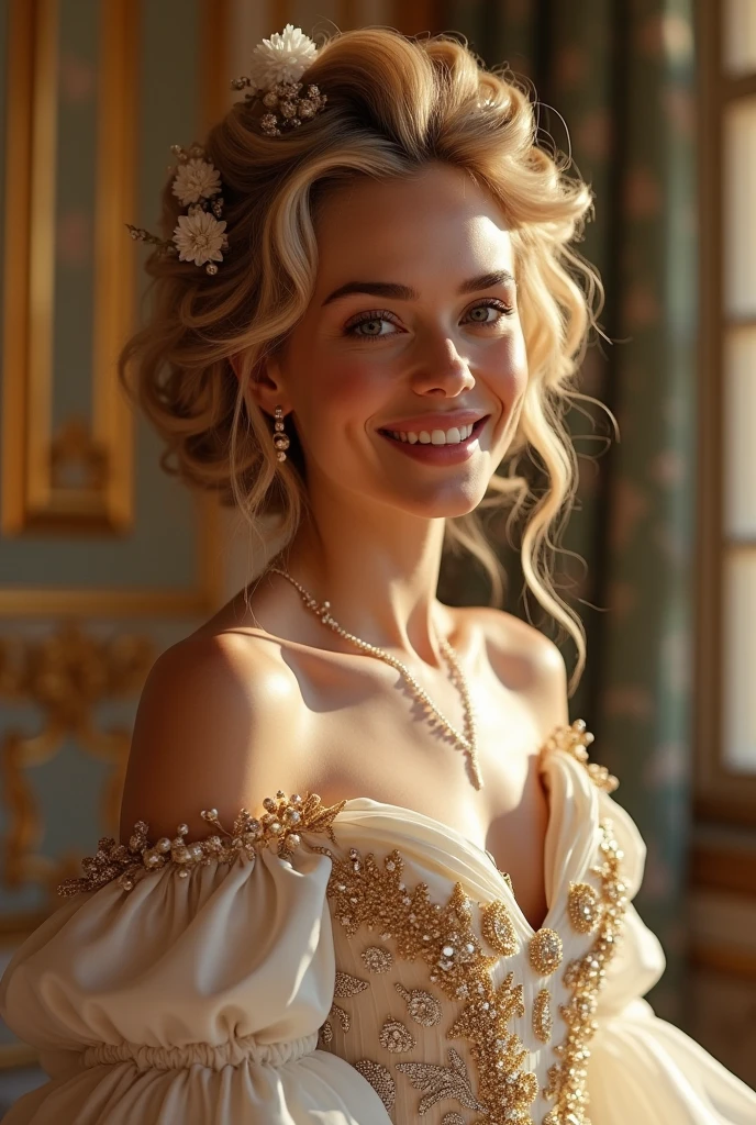 Margot Robbie,dramatic composition, court style dresses, real, marvelous, volantes em cascata, volantes, arcs, crystal chandeliers, Roman Curly Hairstyles, will put, double ponytails like drills, Look to the camera, bangss, maximalism, palace background, delicate portrait of hair and eyes, Princess Dresses, marvelous skirts, flowers in hand, smile, starry eyes, cinematic light, extreme detail, High definition, happy girl, pretty long hair, diamonds, broken diamonds, crystal fragments, light particles