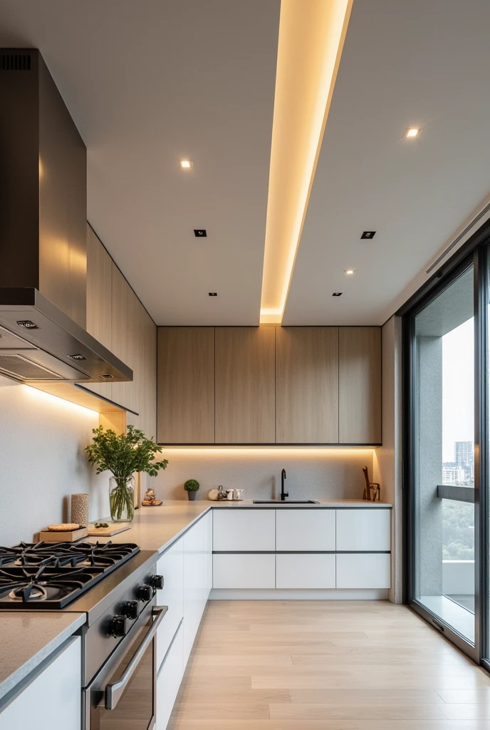 mujhe modren ceiling design chahiye h 16'*14'3" k size ki kitchen ka jissme only 2 side mtlb L shape m slab hai or samne wali slab prr  gass h 