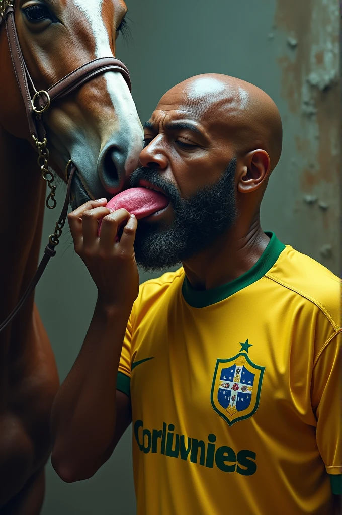 carlinhos (Dark-skinned man, cross-eyed and bald, and a Corinthians fan) sucking the horses