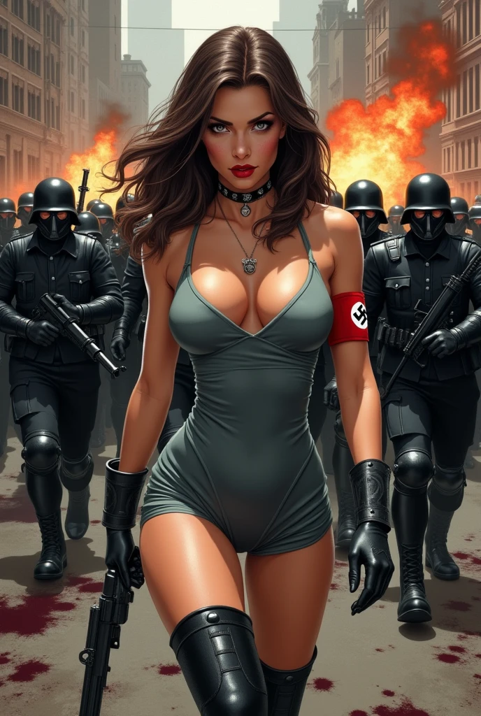 Comic book style. Nazi princess with medium length brown hair, brown eyes, glossy red lips and a skintight gray athletic dress with thigh high combat boots. A red Nazi swaztika hair pin and armband accessorize her outfit. She is leading an army of black armored Nazi soldiers into a city to take it over by force. Bodies lie bloody in the streets. Long eyelashes, seductive smile