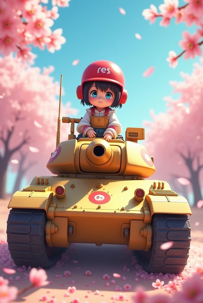 Cherry blossom petals fluttering, In the undulating pink and light blue clouds, A golden tank with the word RES written on it, Cute girl riding a tank, On the right#Has 580 flags, Wear a red helmet, Staring straight at you with bright light blue eyes, Macro and detailed images, Portraits are realistic with studio lighting, Out of focus background