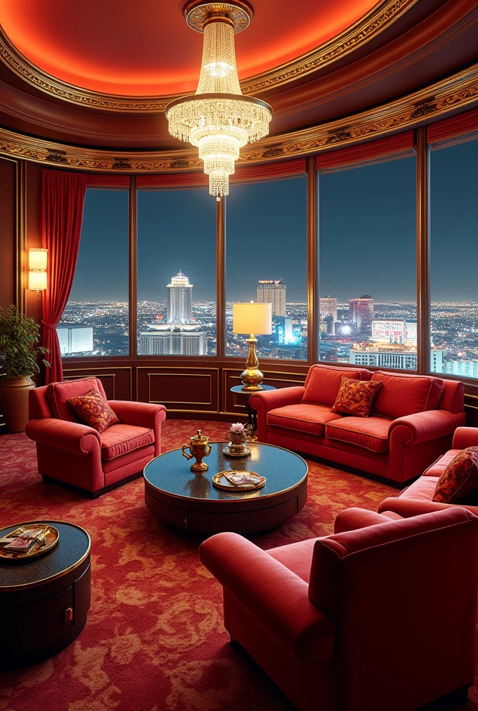 We are in Las Vegas in a luxurious extravagant penthouse in the year 1982 belonging to some famous mobsters but they do not appear in the image only the penthouse 