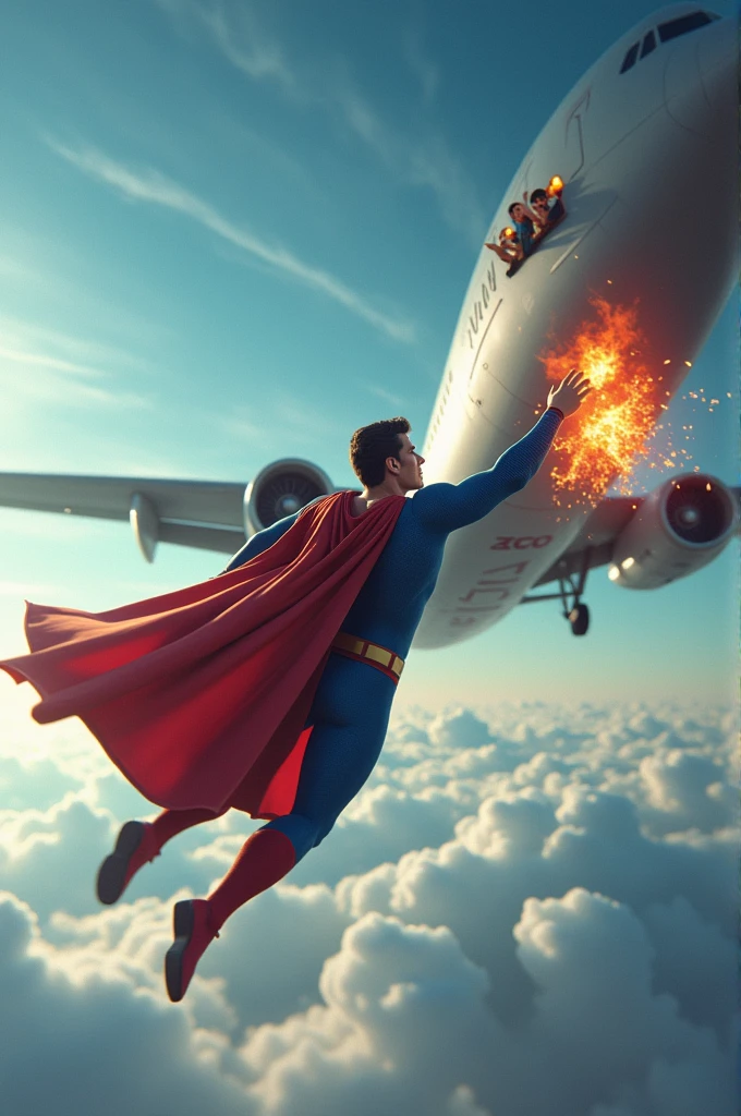 Superman saves plane in the sky the plane is on fire