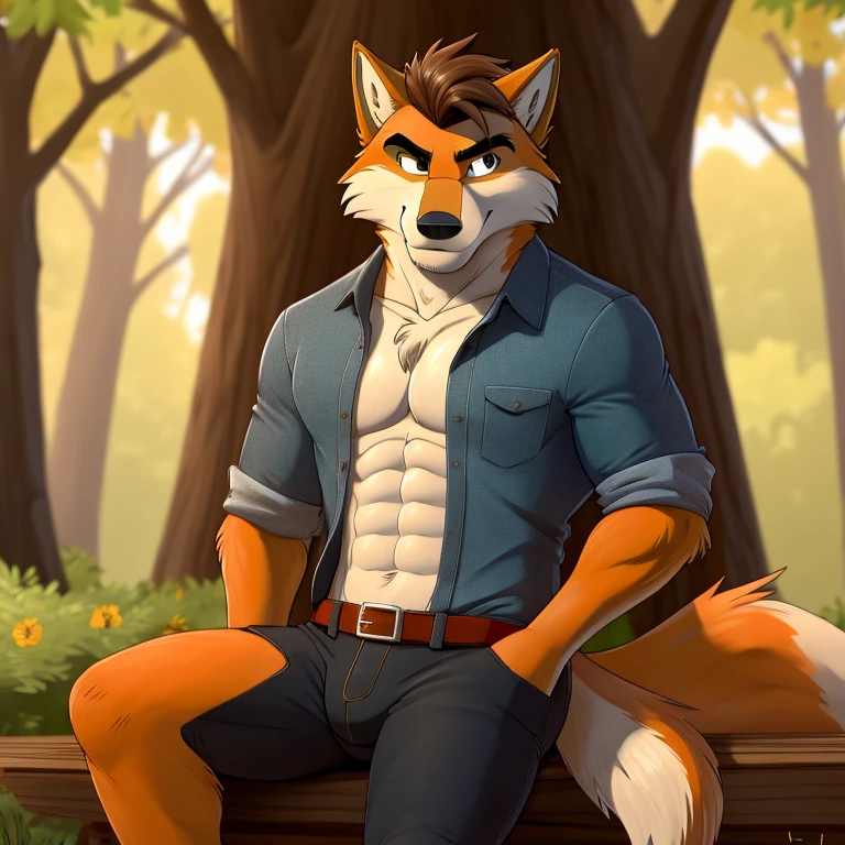 best quality, (masterpiece), (ultra detailed), (high quality), (high resolution), cartoon, tall handsome sexy orange wolf, strong abs, dark brown hair, orange tail, two tone orange fur, two-tone fur, wolf ears, beautiful wolf face, wolf muzzle, beautiful detailed eyes, nice shading, sitting, red flannel country shirt, black  jeans, nature, male, happy, orange fur, sexy body, 