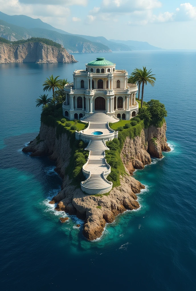 a mansion in a island in deep ocean