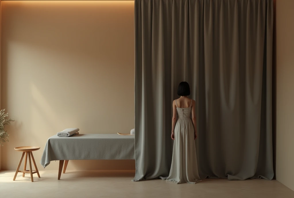 The girl is standing with her back, covered with a thick grey curtain. open, so we can see your ass. The massage table is visible. Beige tones of walls. A girl peeks out from behind a grey curtain, massage room in beige tones, Spa, minimalism, unreal engine, 8 K, gray and beige tone, dark colors, Fantasy, conceptual art, Realism, aerial, detailed, cinematic