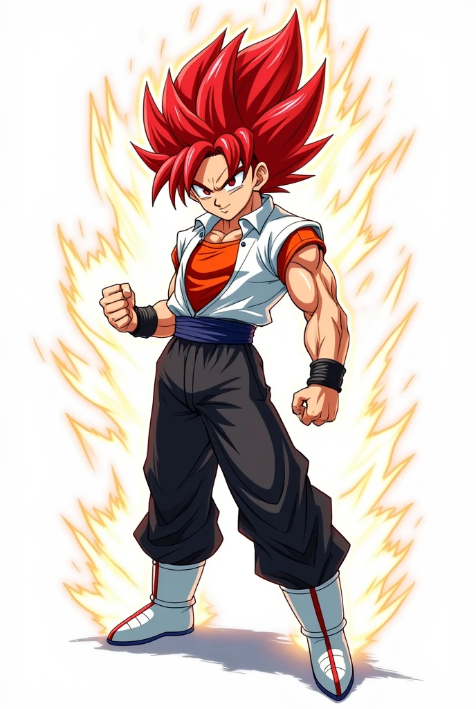 Create a dragon ball style anime character with red eyes fiery red hair white shirt with red top black pants and white shoes and white background