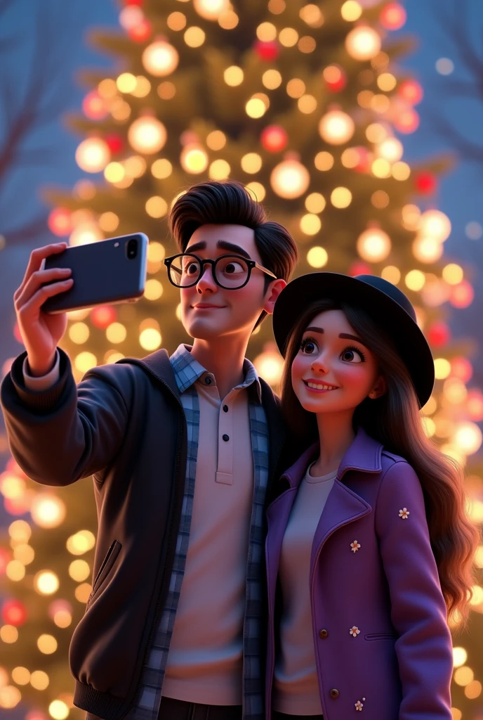 Pixar image with a couple taking a selfie photo behind them there is a large Christmas tree with many lights the man has glasses, black hair, a white shirt over a light blue checked shirt and over that a black jacket and the woman has a black hat a purple shirt with small white flowers and over that a purple jacket with white flowers, The woman has long hair and looks at the camera, She has her arm stretched out taking the selfie and they look forward, the woman taking the photo in selfie mode and both looking at the cell phone camera