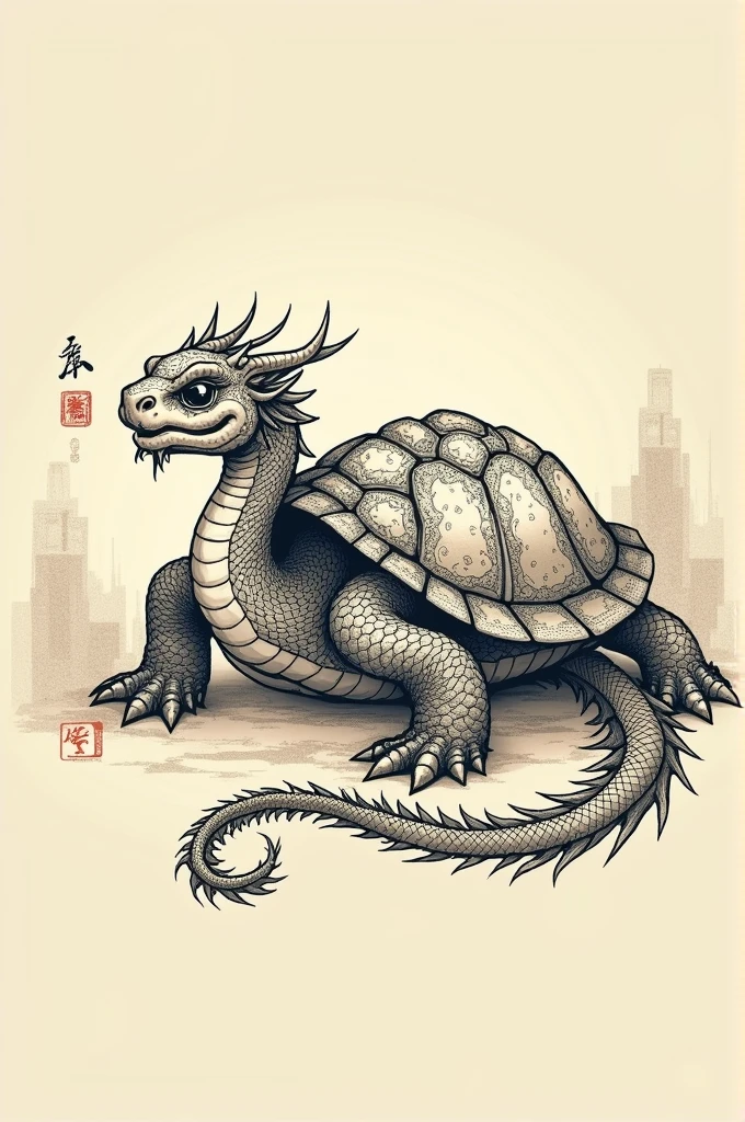 Tattoo art of a Dragonic Turtle, Chinese style, doodle art, two dimensional, ancient drawing style, mythology,