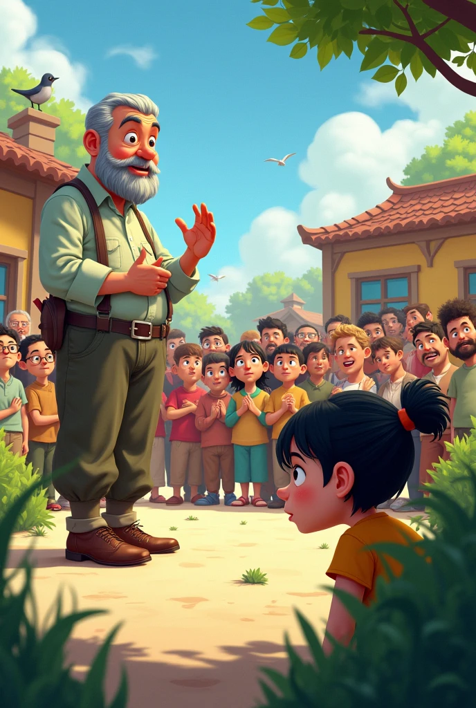a girl eaves dropping on an assembly where a middle age man talking to the villagers. make it cartonize. the girl is hiding
