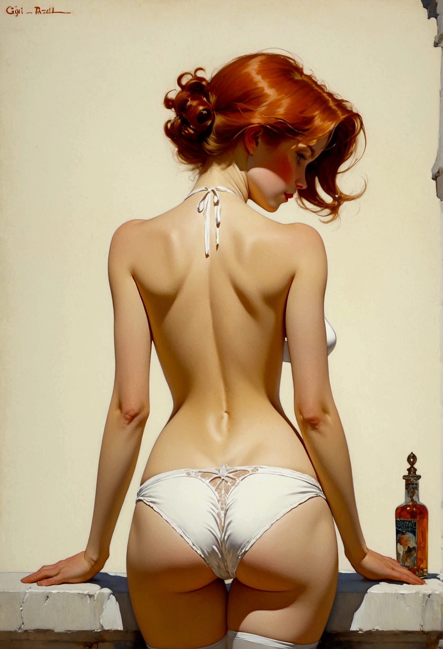 a girl in topless in small white panties seen from behind in the style of Gigi Cavenago and Jeffrey Jones and Albert Beck Wenzell and norman rockwell