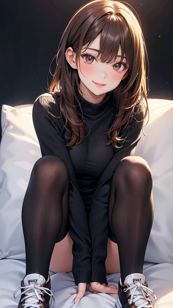 4K resolution,((Highest quality)), Ultra-high resolution,Adult women, alone, sexy, (A teasing smile), (Brown eyes), Beautiful and symmetrical face, (Brown cut medium hair),A loose long-hemmed sweater,stockings,sneakers,Realistic:1.4,Realistic:1.3,(masterpiece:1.2),Perfect Eyes,Perfect Eyes,Ample breasts,Beautiful thick legs,Perfect Fingers,Dark room,Spread your legs,Fellatio gestures