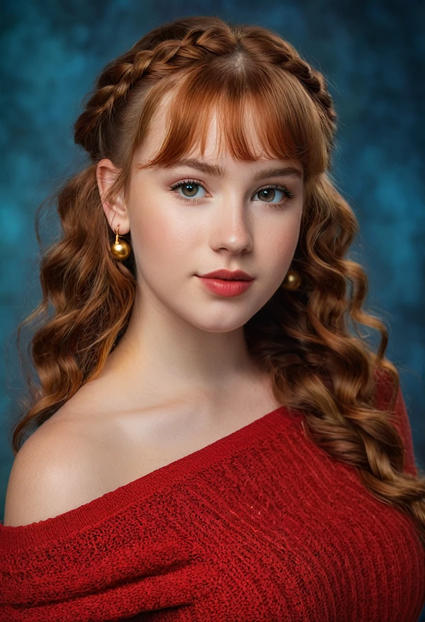 A young lady aged 16 yrs, with long red hair, wavy hair, braided, with air bangs. She is wearing a red sweater, worn off her shoulders. She is wearing black leggings. She has an hourglass figure. She is wearing gold earrings. Looking directly into the camera. She has tan skin, and braces, constricted pupils, parted lips, large breasts, perfect lips, big lips, perfect nose, cute face, baby face, Hyperrealism, cinematic lighting, jpeg artifacts, full body photo, bokeh, textured skin, UHD, best quality, masterpiece, high details