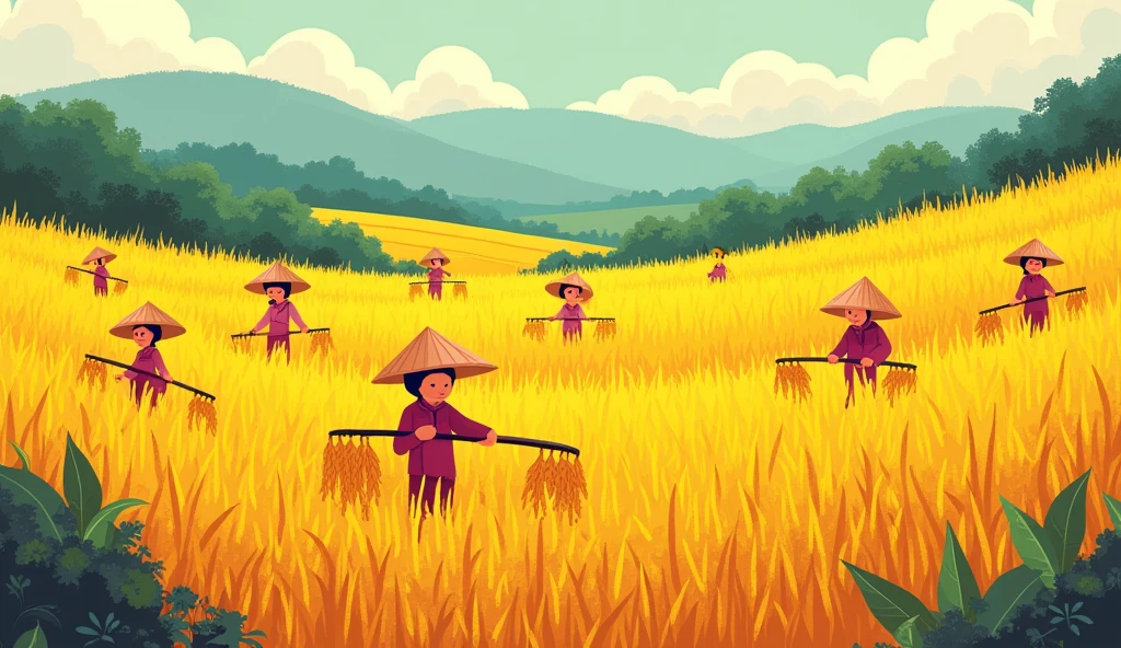 Vietnamese golden rice fields, many people cutting rice by sickle, minimalistic illustration, Meadows, in the style of cartoon-like characters, grainy, kidcore, violet and amber, piratepunk