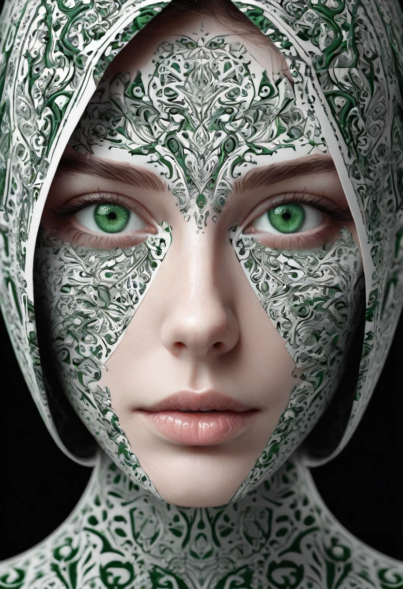 a woman with a black and white pattern on her face, stunning green eyes, stunning digital art, complicated digital art, 3 d digital art, 3d digital art, complicated digital artwork, Advanced 3D digital art, amazing detailed digital art, digital complicated art, Detailed 3D digital art, amazing digital art, 4k symmetrical portrait, 4k symmetrical portrait 