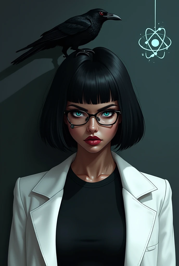 A black girl with a bob haircut, des yeux bleus avec tes lunettes avec un méchant regard, un piercing au nez et à l'arcade, lips with a white jacket, et une chemise noire juste au-dessus d'elle un corbeau et un atome 