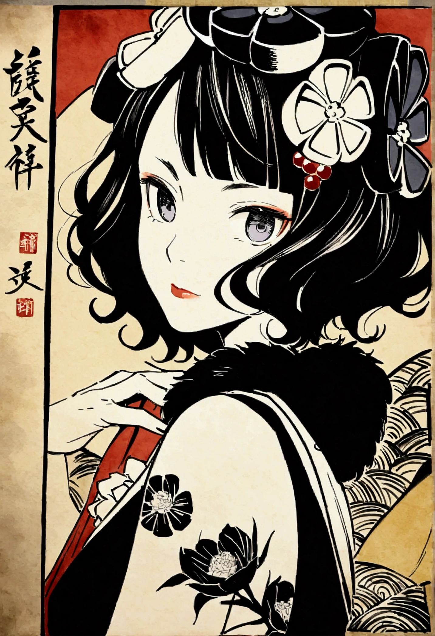 Katsushika Hokusai, Ink Painting, peony, flower tattoo on shoulder, short hair, Delicate and precise, Thor, Modern ukiyo-e style,