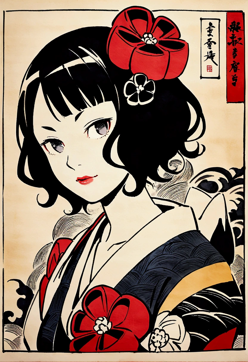 Katsushika Hokusai, Ink Painting, peony, flower tattoo on shoulder, short hair, Delicate and precise, Thor, Modern ukiyo-e style,
