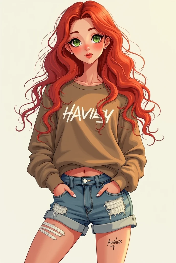A 20-year-old woman with long, wavy red and white hair, green eyes and a round, flushed face, wearing a brown sweater with small white letters written on it, ripped denim shorts and white sneakers that look like they were drawn on