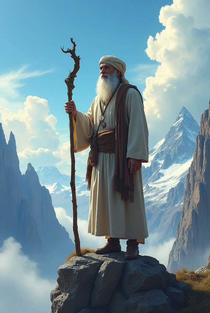 muslim holy man holding a wood stick on mountain top