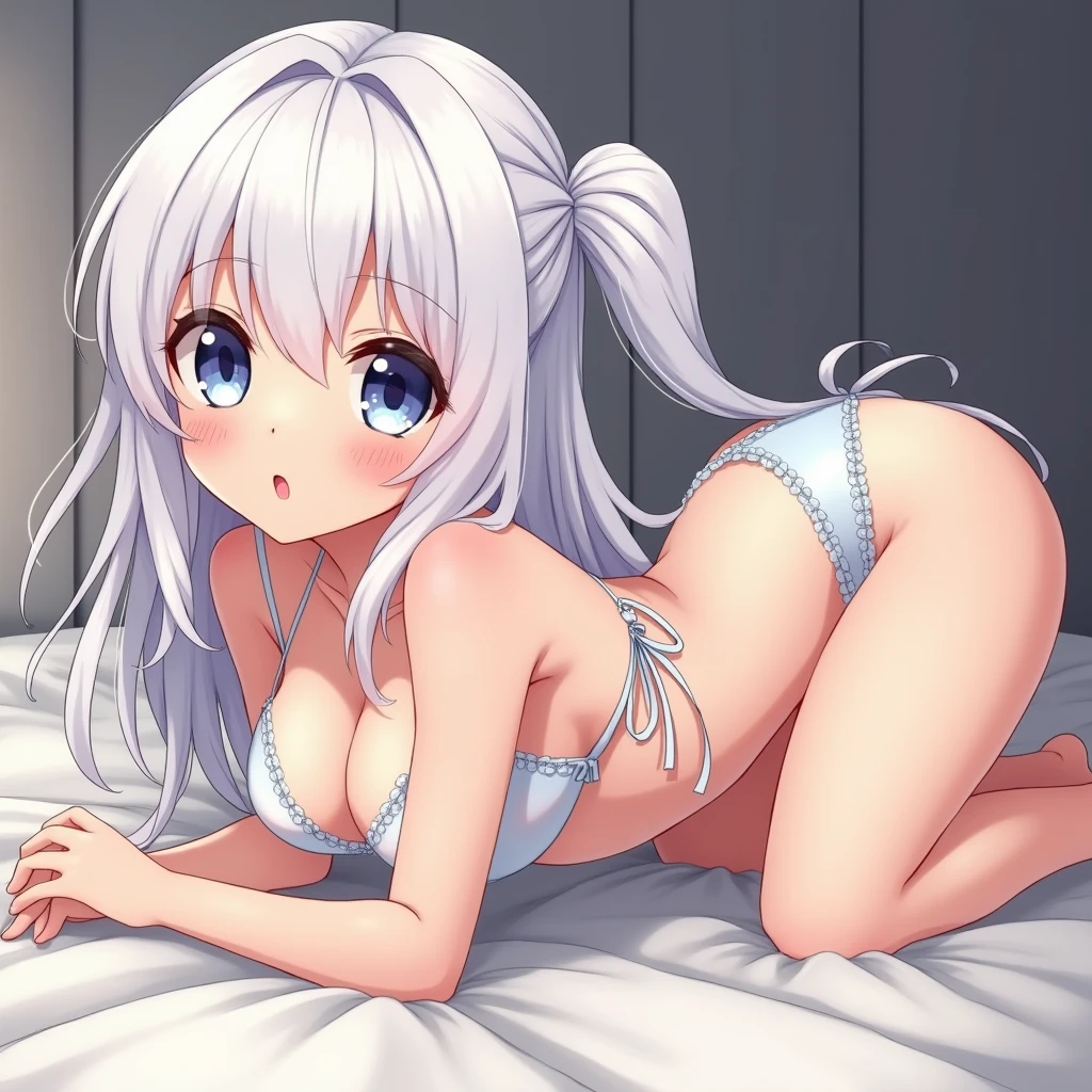 anime artwork, one girl, beautiful, young, white hair, medium breasts, bikini, all fours on bed, from above, naive