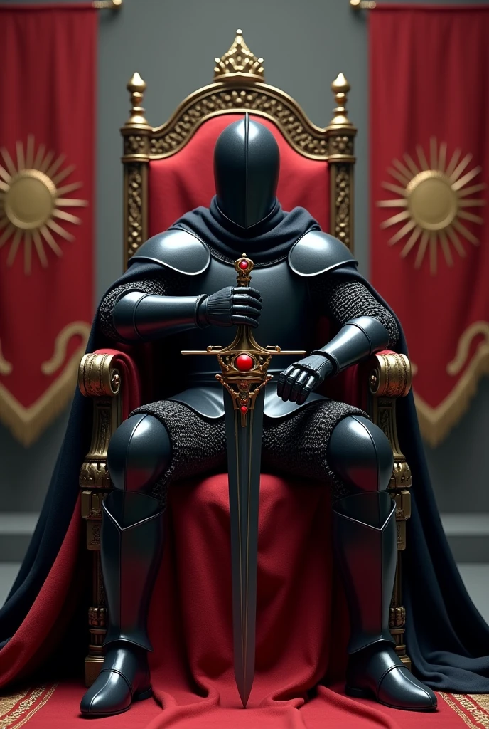 A knight clad in black armor, with an arrow and bow in hand, has hit the target. The knight is seated on a throne of kingship, with red fabric and gold-trimmed edges. The knight is looking at the camera, with flags hanging on the left and right sides in the background, red in color, each with a golden sun on them. The knight wears a black helmet that completely covers his face, and holds a double-edged sword in one hand that is struck into the ground. In the middle of the sword, there is a yellow crown of kingship, part of which is adorned with red rubies.