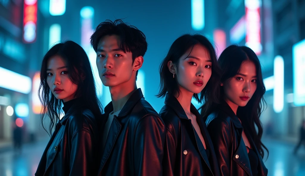 A sci-fi thriller movie poster featuring four stunning Asian leads—two handsome men and two beautiful women—all dressed in contemporary attire and sporting dark hair. The poster is set against a backdrop of a neon-lit city at night, creating a mysterious and futuristic atmosphere.