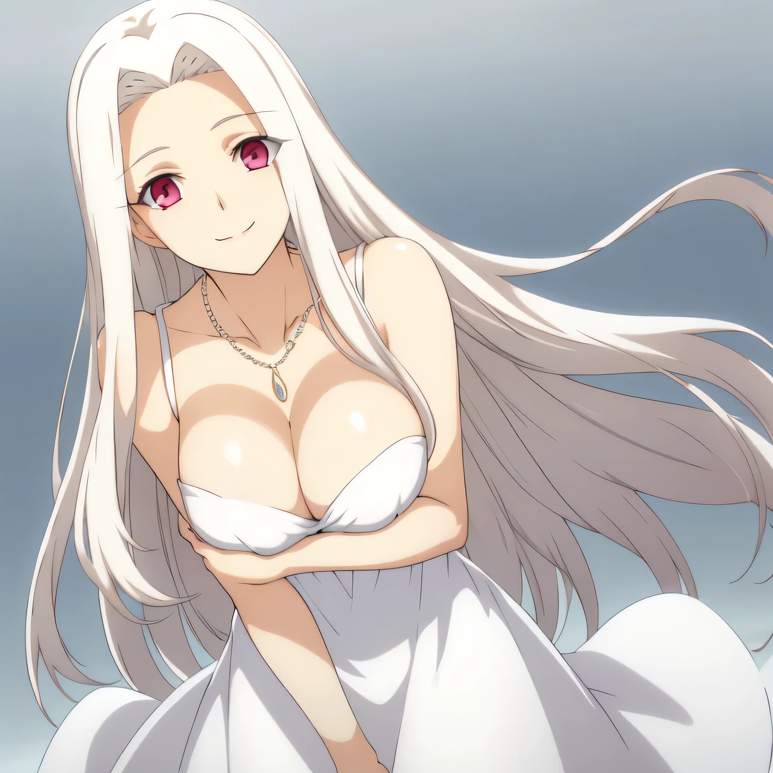 Irisviel,cold silky dress sleeveless,solo,looking at viewer,beautiful smile,arm at side,middle size of breast,beautiful necklace,tall breasts