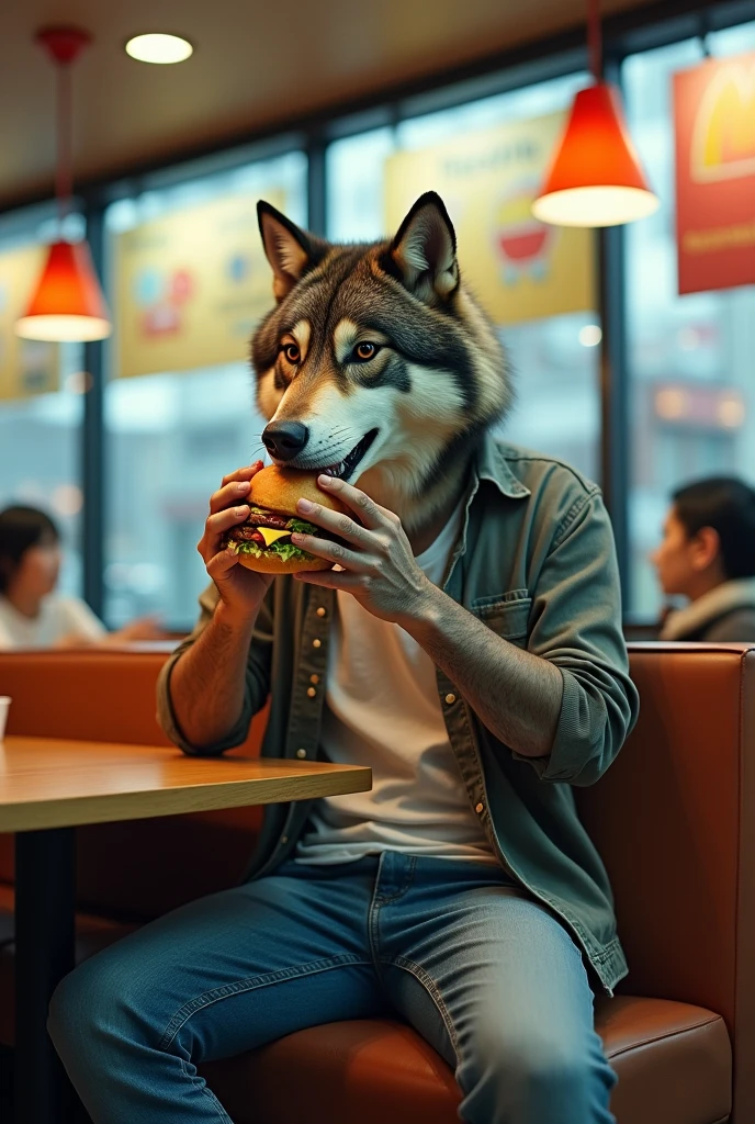 A man with the head of a wolf and the body of a human, wearing jeans and a casual shirt, is sitting in a Tokyo McDonald's eating a Tsukimi Burger. The restaurant is typical of McDonald's in Tokyo, with bright lighting, modern decor, and other customers in the background. The wolf-headed man is holding the burger and about to take a bite, with a relaxed and casual demeanor. The setting blends the ordinary with the fantastical, capturing a realistic and cinematic quality