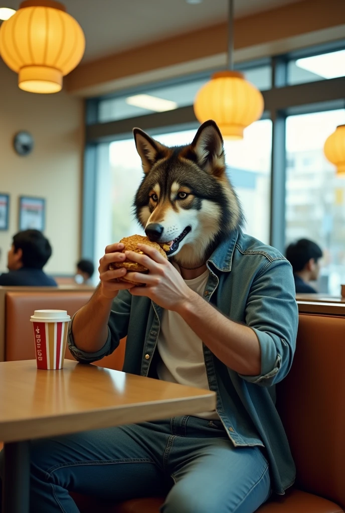 A man with the head of a wolf and the body of a human, wearing jeans and a casual shirt, is sitting in a Tokyo McDonald's eating a Tsukimi Burger. The restaurant is typical of McDonald's in Tokyo, with bright lighting, modern decor, and other customers in the background. The wolf-headed man is holding the burger and about to take a bite, with a relaxed and casual demeanor. The setting blends the ordinary with the fantastical, capturing a realistic and cinematic quality