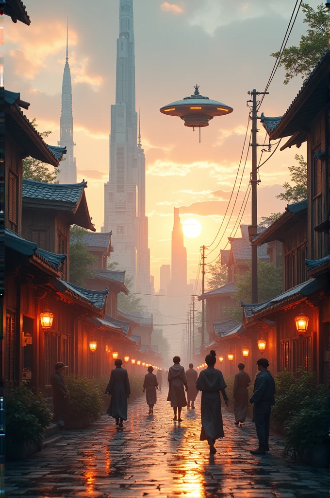 "A futuristic cityscape blending harmoniously within a traditional village setting. Advanced skyscrapers with neon lights rise alongside rustic wooden homes, while flying vehicles hover above cobblestone streets. The scene is bathed in a soft golden glow from the setting sun, casting long shadows of both futuristic and traditional elements. Villagers in simple attire interact with robots, merging tradition with innovation in this serene yet dynamic environment."Camera Settings: "Captured with a Sony Alpha 7R IV, 24-70mm lens at 35mm, ISO 100 for sharpness, f/8 for balanced depth of field, and a shutter speed of 1/100s to freeze the mix of motion and stillness, ensuring every detail, from the glowing neon lights to the rustic textures, is perfectly preserved."