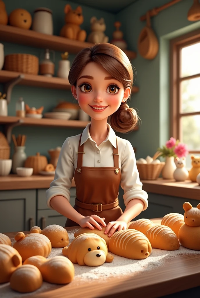bakery, woman bakes, sells baked goods to customers, baked goods in the shape of pets, detail details, real, real