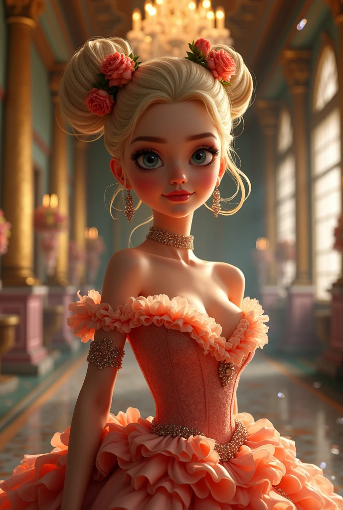 Margot Robbie,Cartoon style,dramatic composition, court style dresses, real, marvelous, volantes em cascata, volantes, arcs, crystal chandeliers, Roman Curly Hairstyles, will put, double ponytails like drills, Look to the camera, bangss, maximalism, palace background, delicate portrait of hair and eyes, Princess Dresses, marvelous skirts, flowers in hand, smile, starry eyes, cinematic light, extreme detail, High definition, happy girl, pretty long hair, diamonds, broken diamonds, crystal fragments, light particles