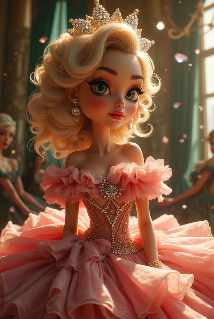 Margot Robbie,Cartoon style,dramatic composition, court style dresses, real, marvelous, volantes em cascata, volantes, arcs, crystal chandeliers, Roman Curly Hairstyles, will put, double ponytails like drills, Look to the camera, bangss, maximalism, palace background, delicate portrait of hair and eyes, Princess Dresses, marvelous skirts, flowers in hand, smile, starry eyes, cinematic light, extreme detail, High definition, happy girl, pretty long hair, diamonds, broken diamonds, crystal fragments, light particles